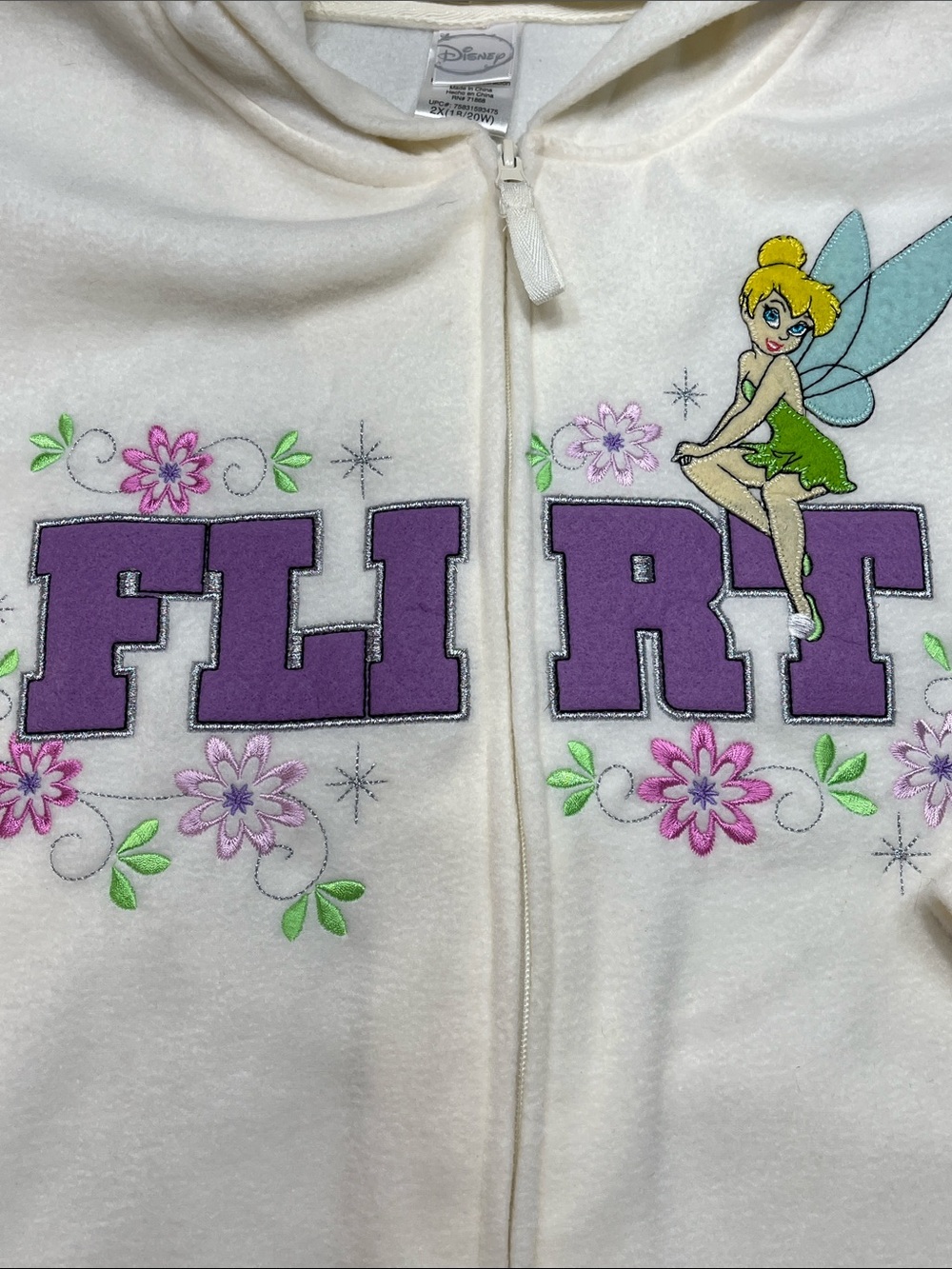 Disney Tinker Bell Flirt Zip Hoodie White Fleece 2X Plus Embroidered